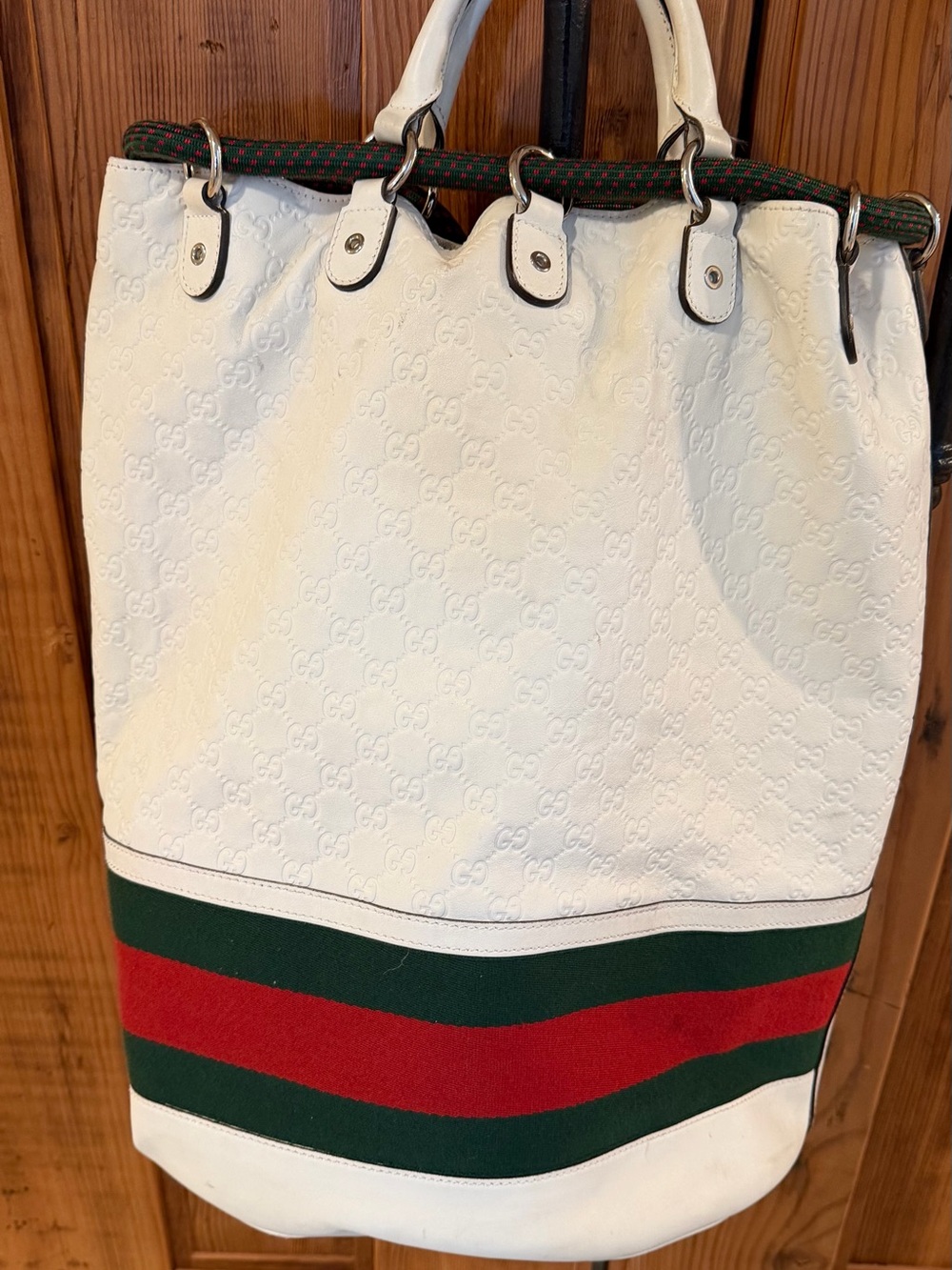 Gucci Riva White Leather Tote with Green and Red Stripe